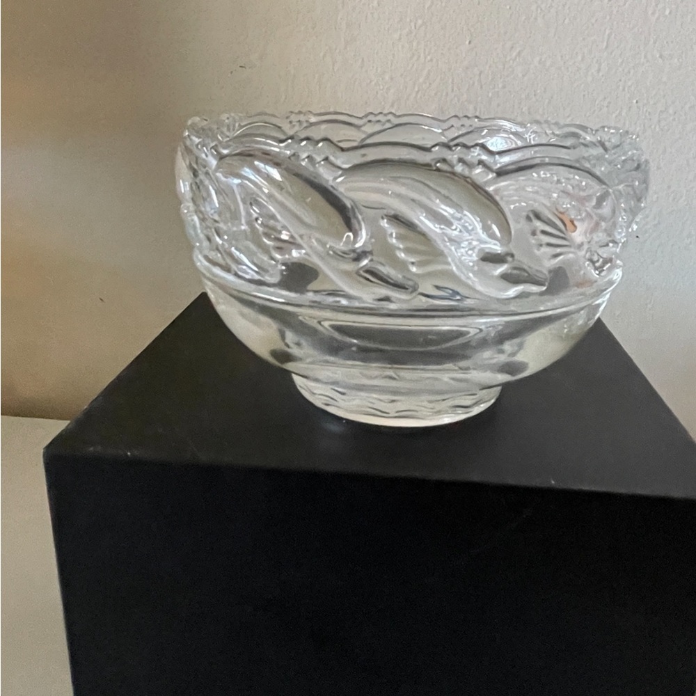 Tiffany &Co. Crystal Art Glass Pedestal Dolphin”5”bowls signed